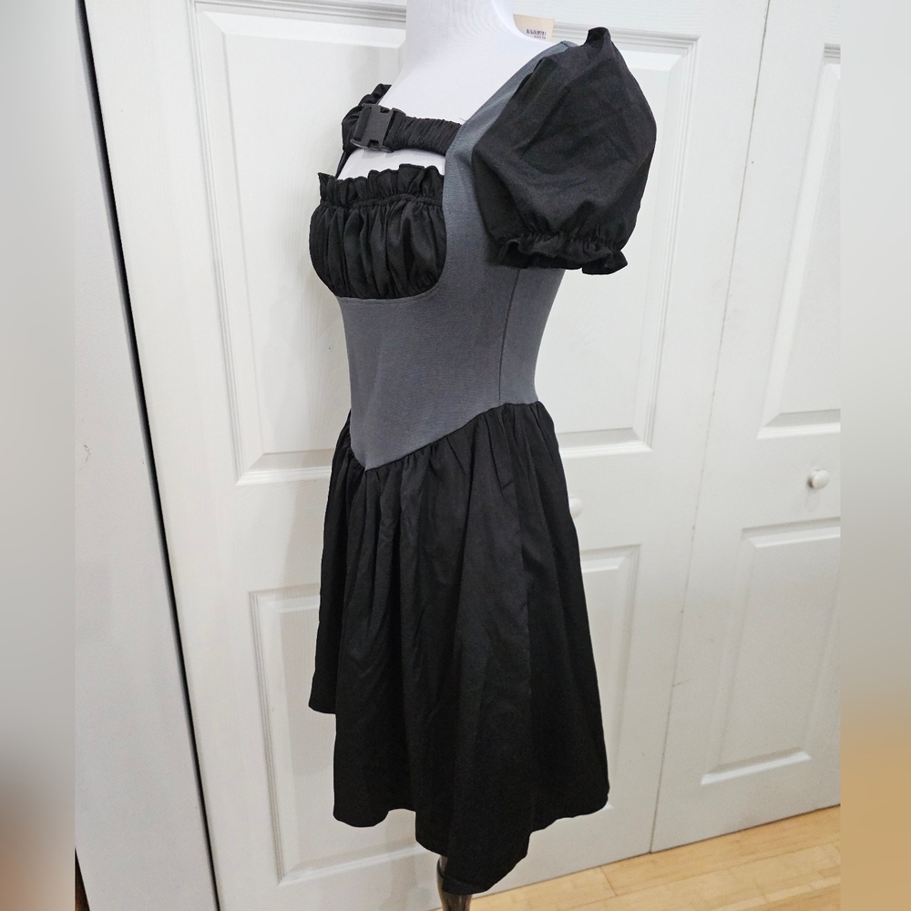 Dolls Kill Zemeta Lock Me Up Asymmetrical Hem Buckle Strap Black Gray Dress S - Picture 6 of 10